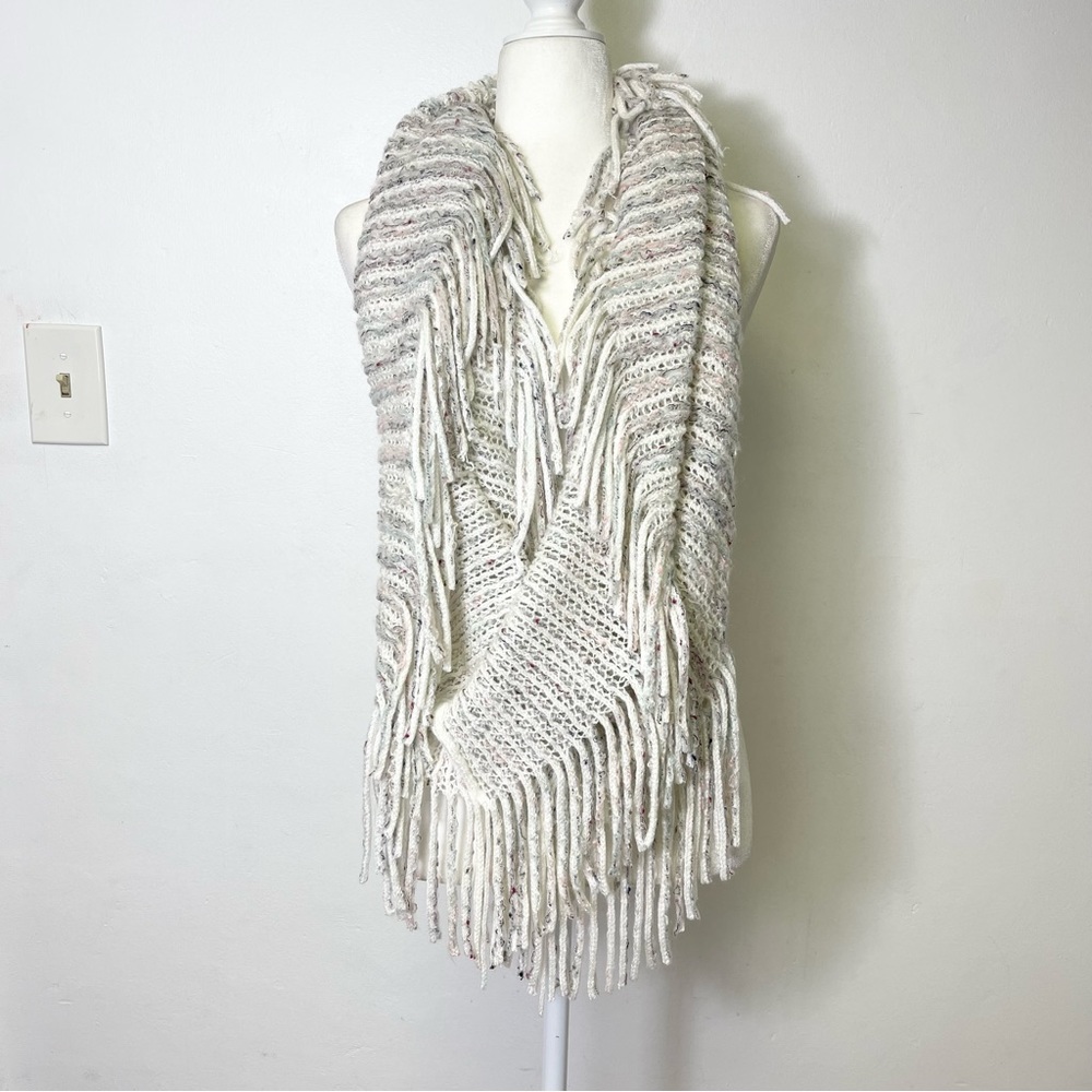 Infinity Scarf Stripes Beige Knited Fringe Bohemian Oversized Wrap - Picture 3 of 14